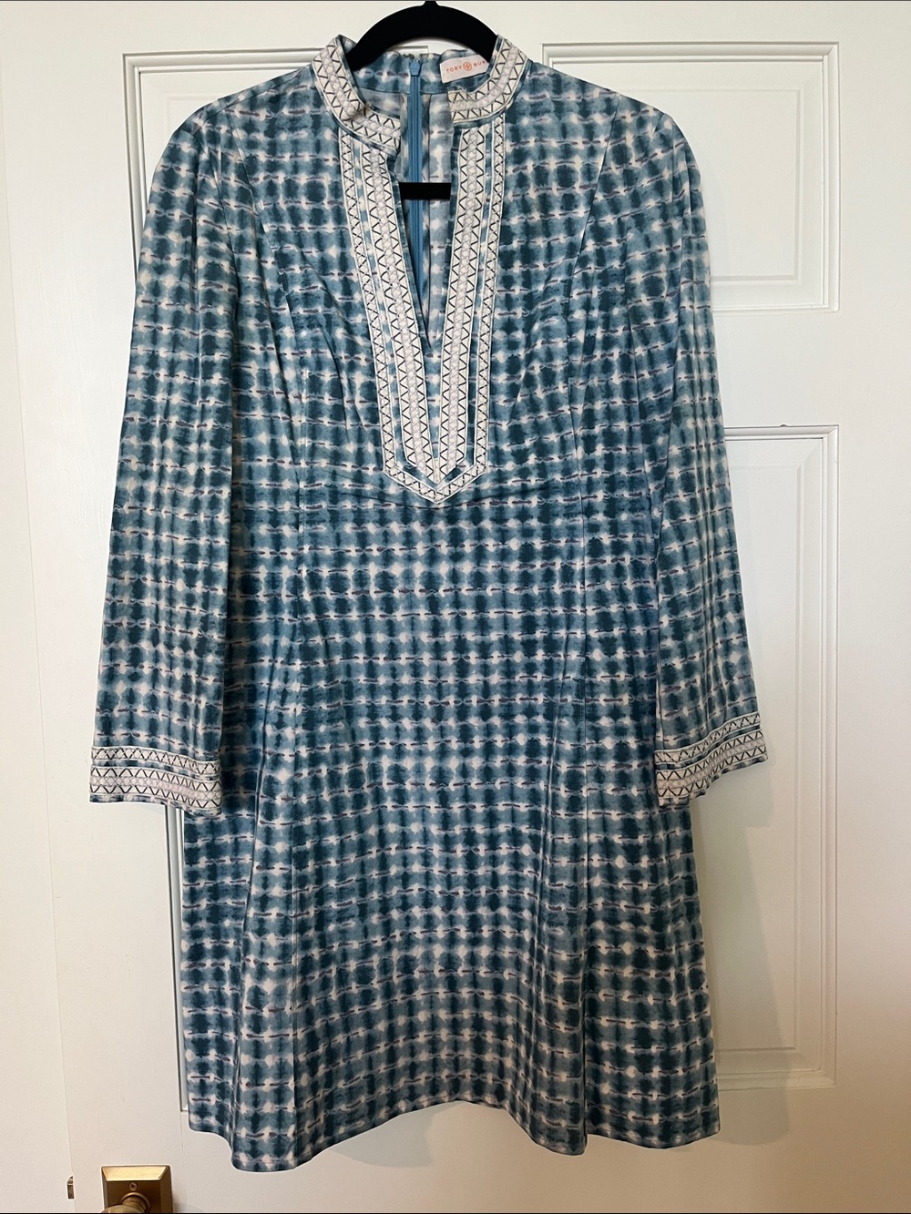 Tori Burch Coastal Sonda Blue Patterned Tunic Dress with Embroidered Trim